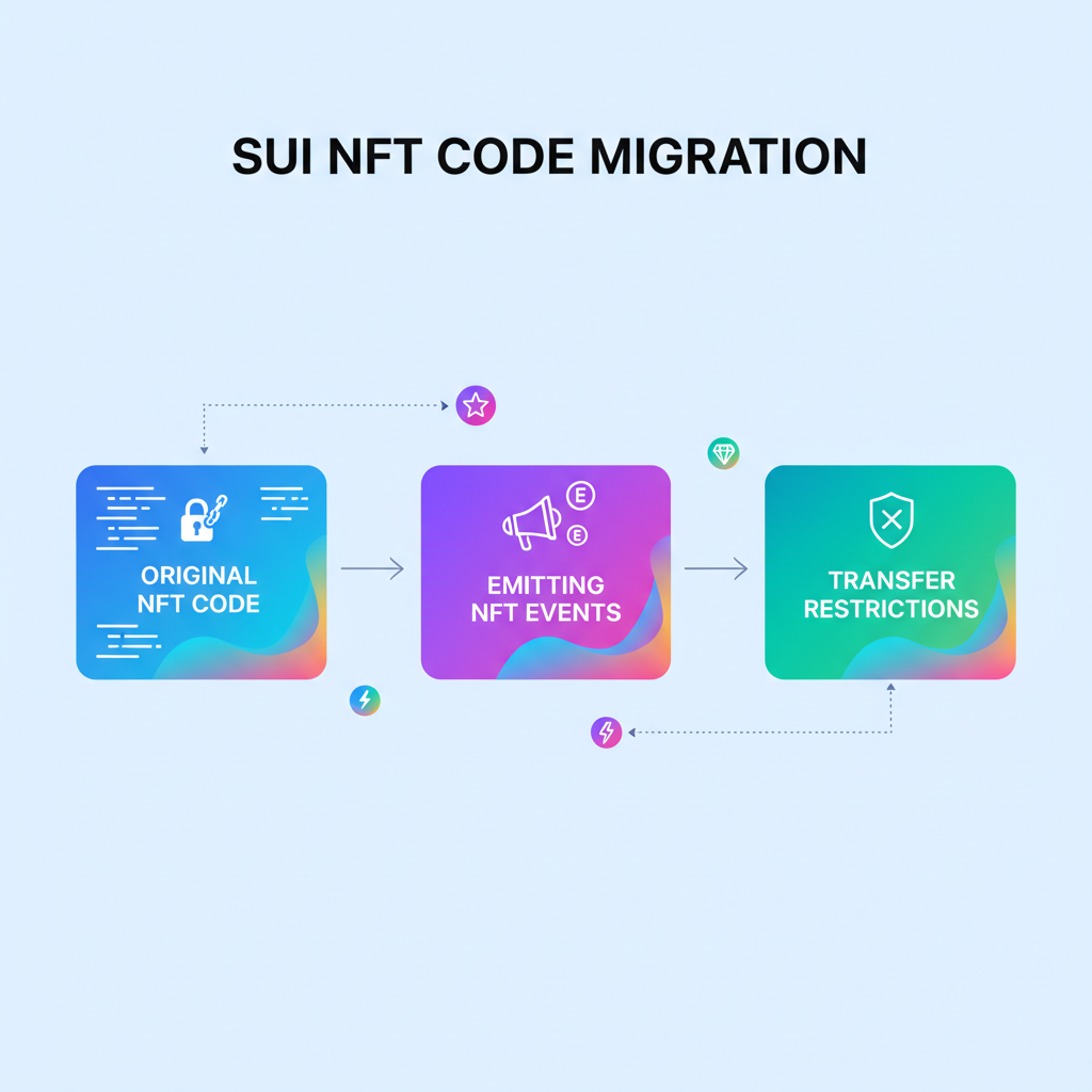 Move code emitting NFT events and transfer restrictions, event icons and arrows, vibrant Sui colors