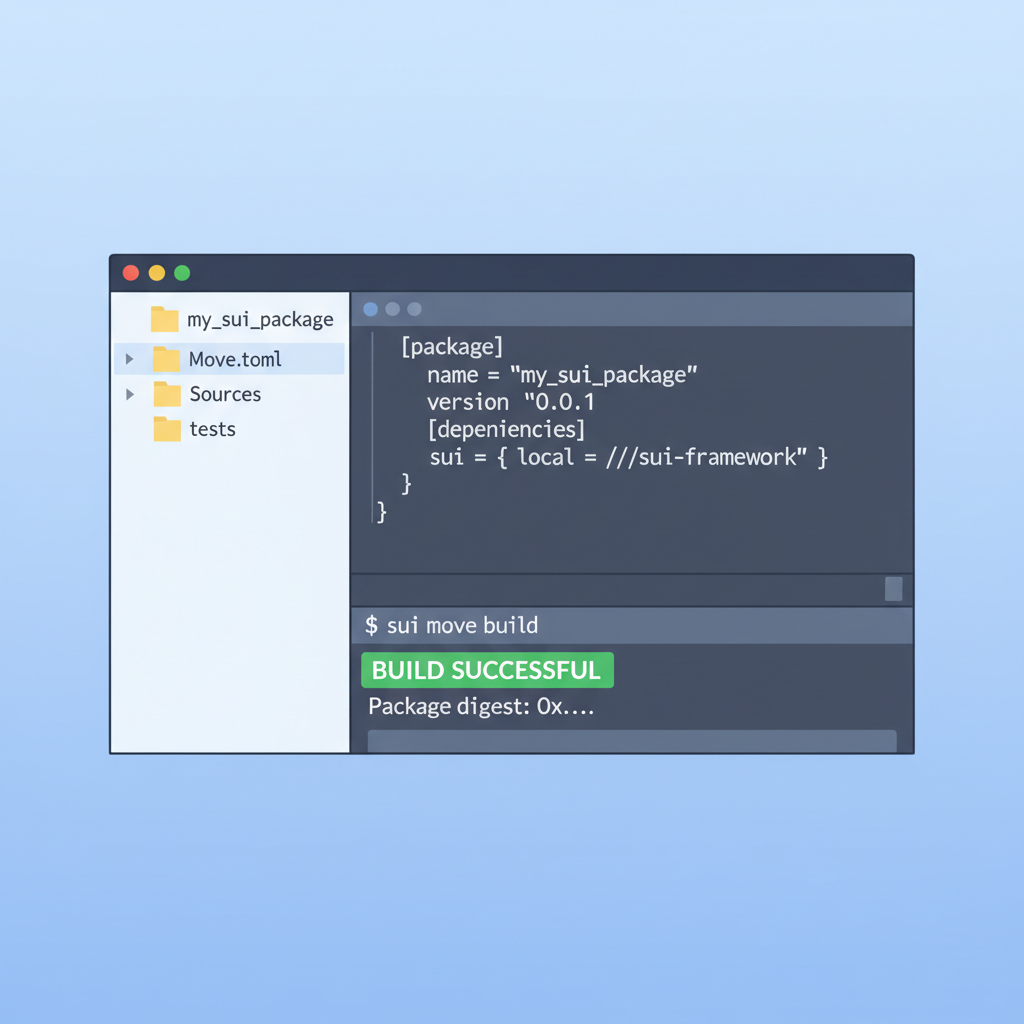 Sui Move package creation in IDE, Move.toml file open, success build output