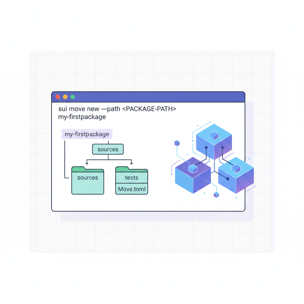 terminal creating new sui move package, folder structure appearing, holographic blockchain elements