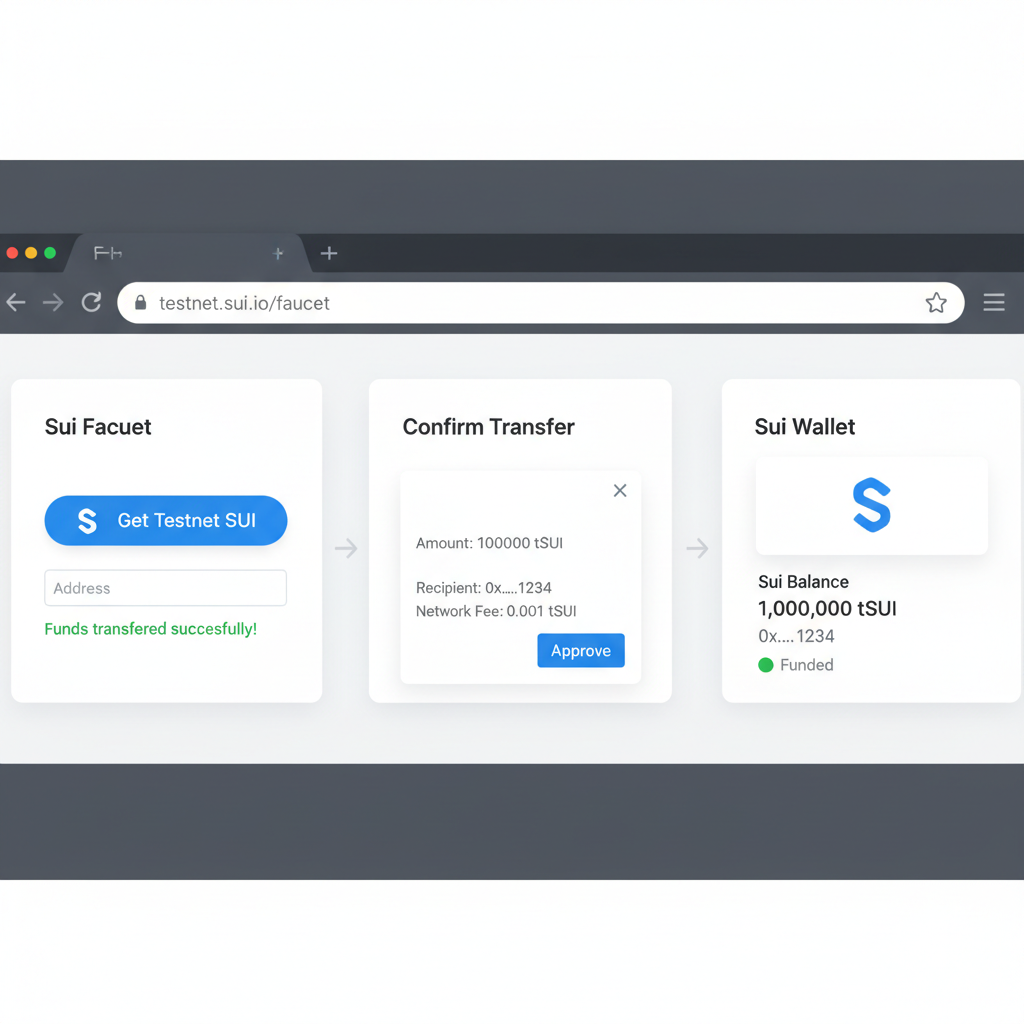 Sui faucet webpage open in browser, testnet SUI transfer confirmation, wallet balance showing funded address, clean UI screenshot