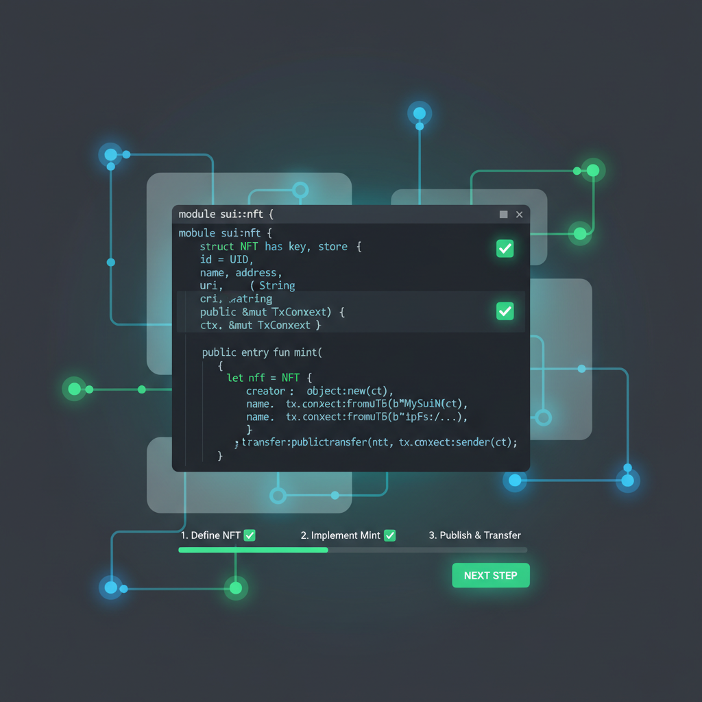 Sui Move code snippet minting NFT with green checkmarks, glowing blockchain nodes, minimalist futuristic UI
