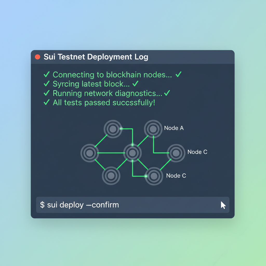 Sui testnet deployment terminal output, passing tests, green checkmarks, blockchain nodes connecting