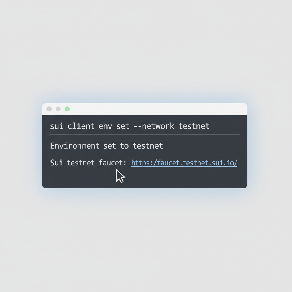 Sui CLI terminal configuring testnet env, faucet link visible, clean output