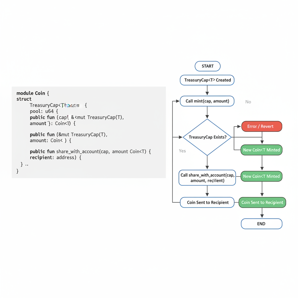 Move code for minting coins with TreasuryCap, flowchart of mint-share process, minimalistic