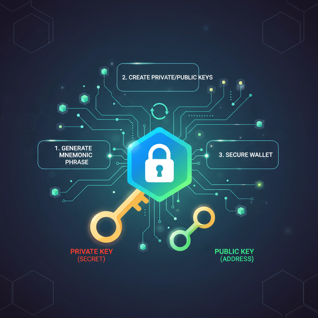 digital wallet creation on blockchain key generation visual vibrant secure lock icon
