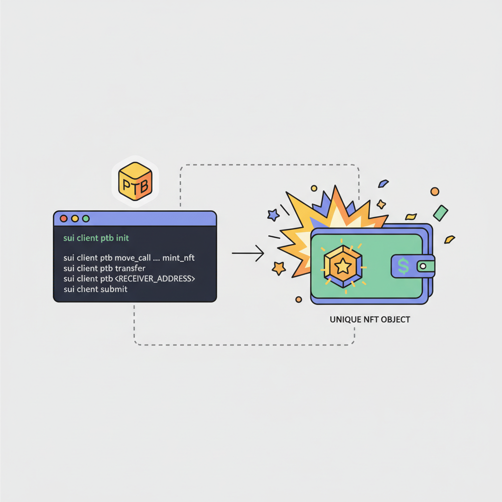 Programmable Transaction Block in Sui CLI minting NFT, wallet receiving unique object, celebratory explosion