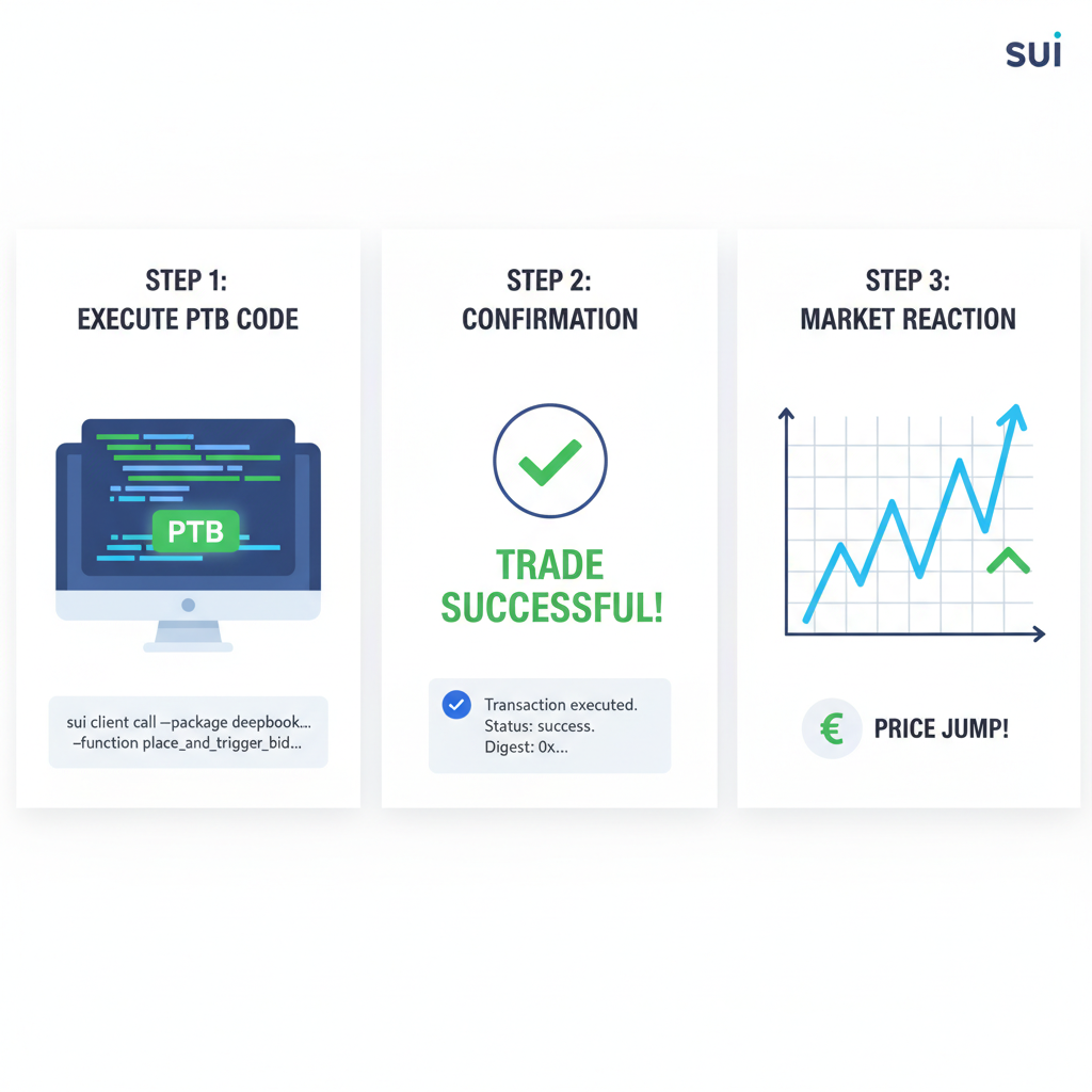 Executing first DeepBook trade on Sui testnet with PTB code and success confirmation, dynamic chart spiking up