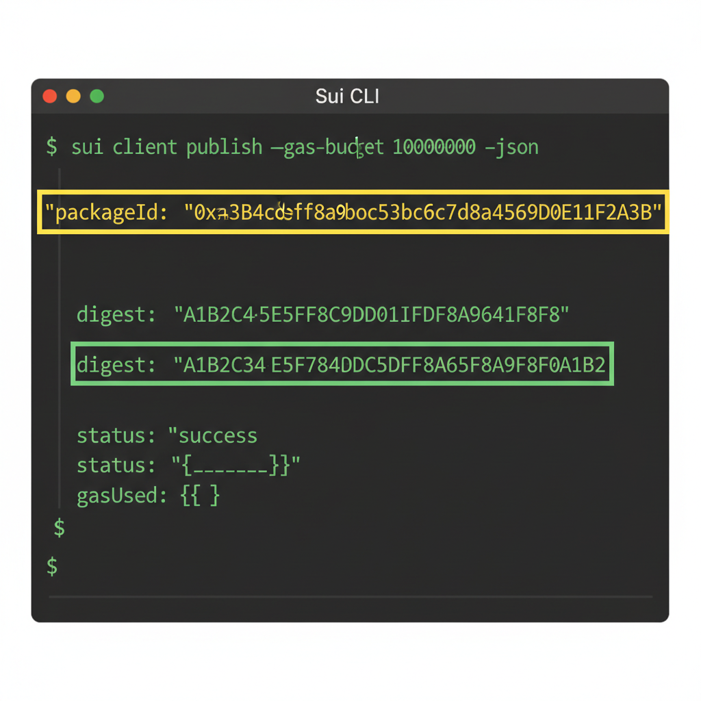 CLI terminal publishing Sui Move package to testnet, package ID highlighted, transaction digest shown, success output