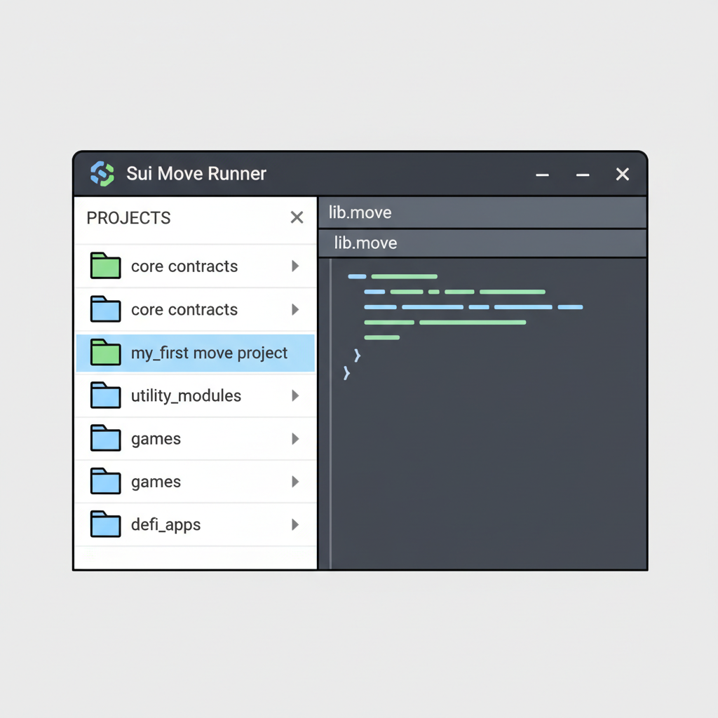 Sui Move Runner sidebar project selection dropdown open, folder highlighted, VS Code window