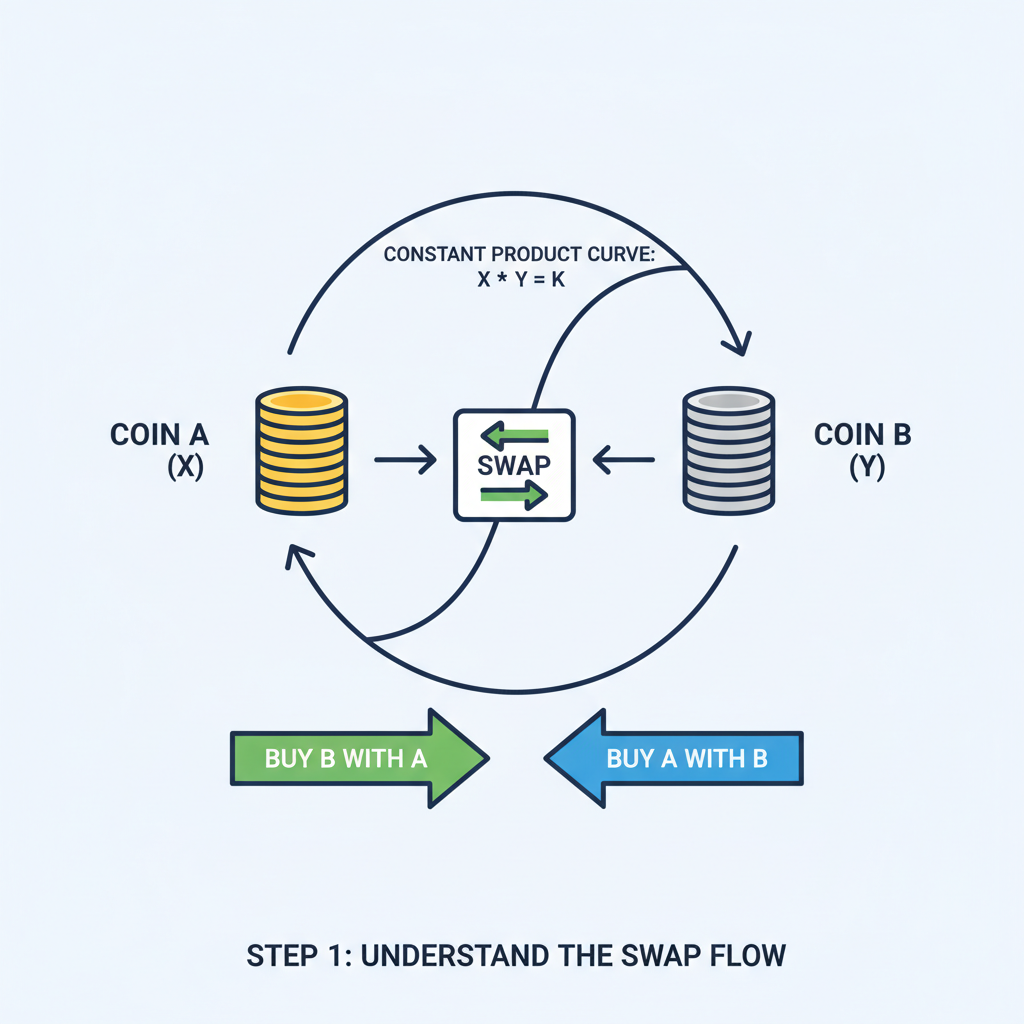 swap flow diagram constant product curve, coins exchanging