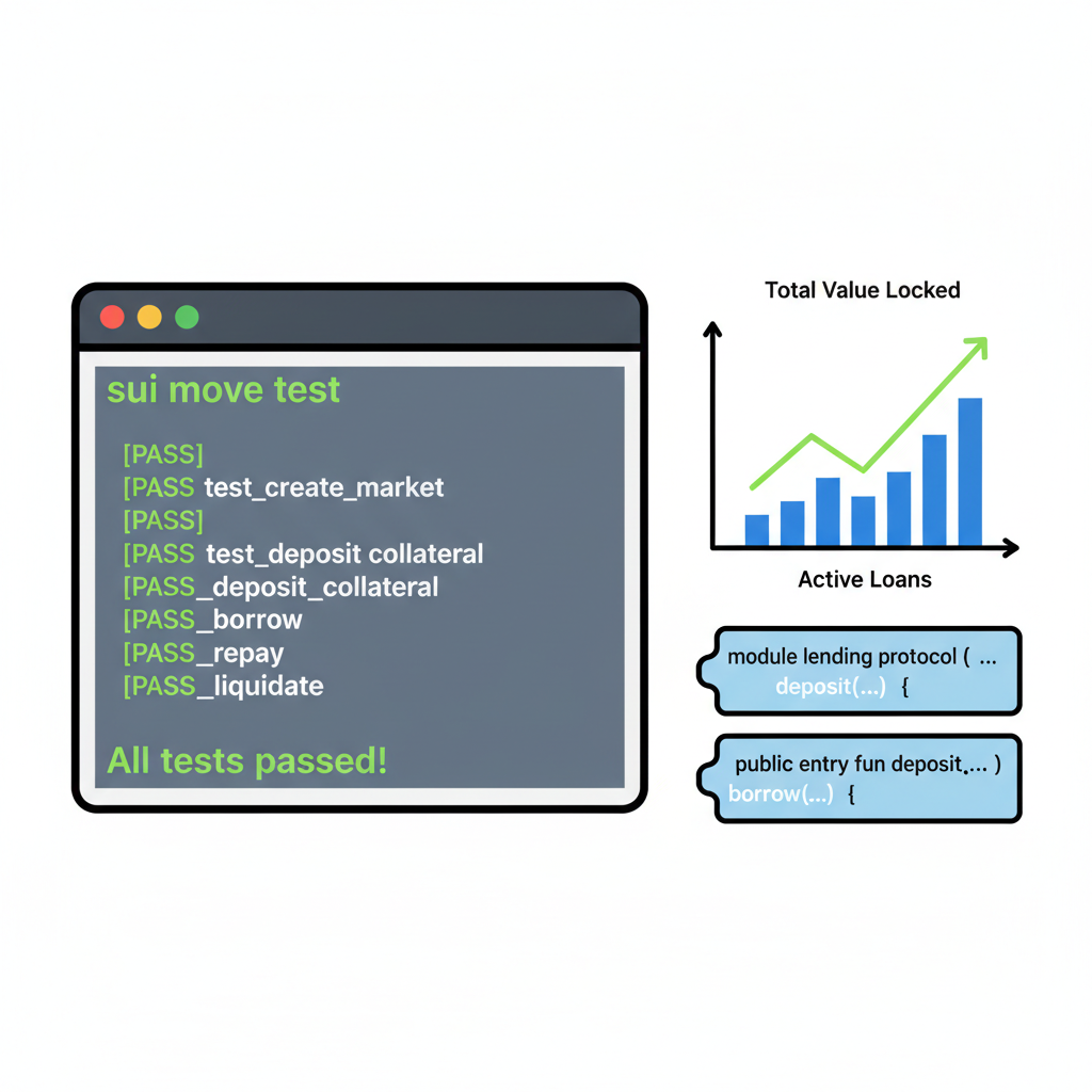 terminal running sui move test with passing green tests, graphs of lending protocol, Sui Move code snippets