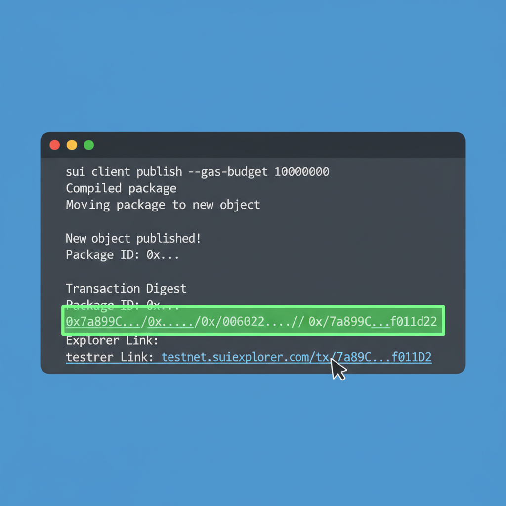 Sui testnet deployment terminal output, transaction hash highlighted, explorer link screenshot