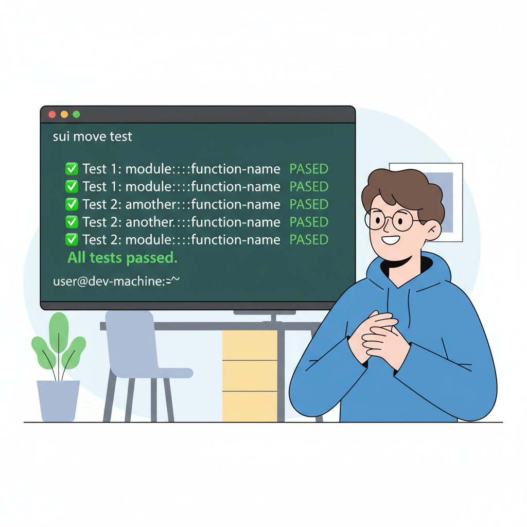 terminal running sui move test passing green checks, developer smiling