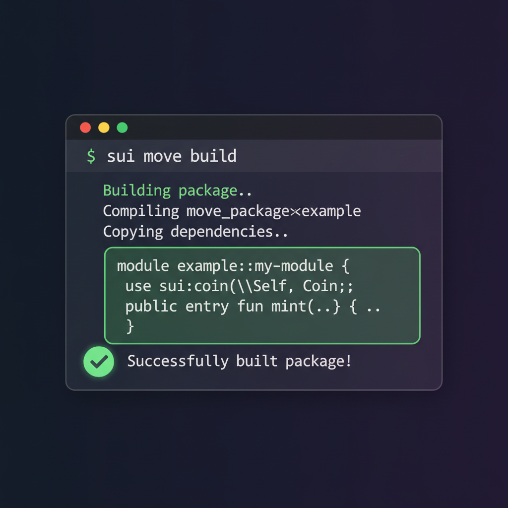 terminal window with sui move build command executing successfully, Move code snippets visible, green success checkmark, dark theme