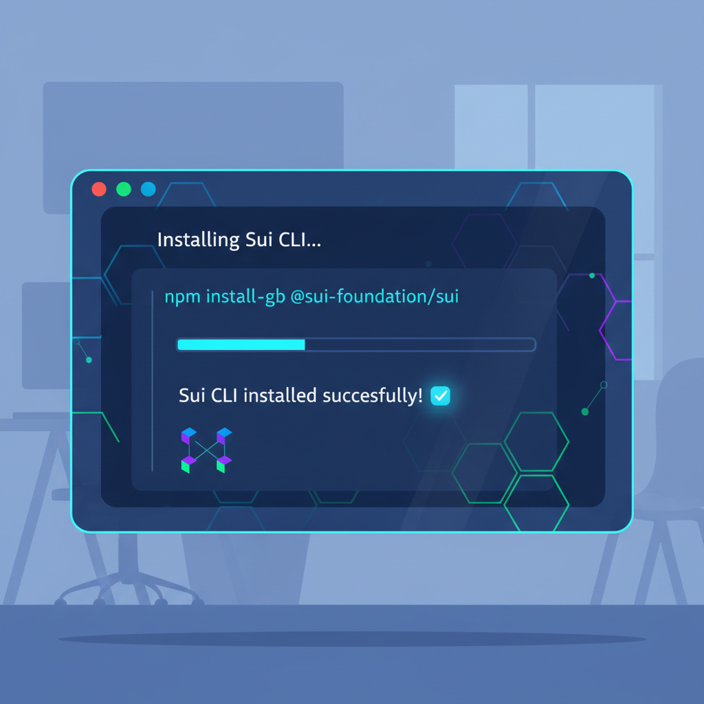 Developer terminal installing Sui CLI, futuristic blockchain UI, code snippets glowing
