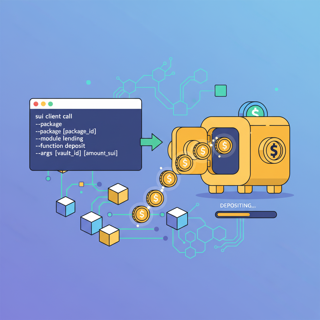 Sui CLI depositing into lending vault, gold coins flowing into vault, dynamic blockchain graphic