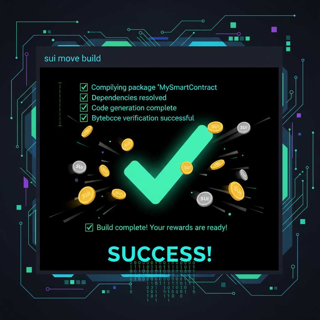 successful Sui Move compile in terminal, green checkmarks, exploding reward coins, motivational cyber aesthetic