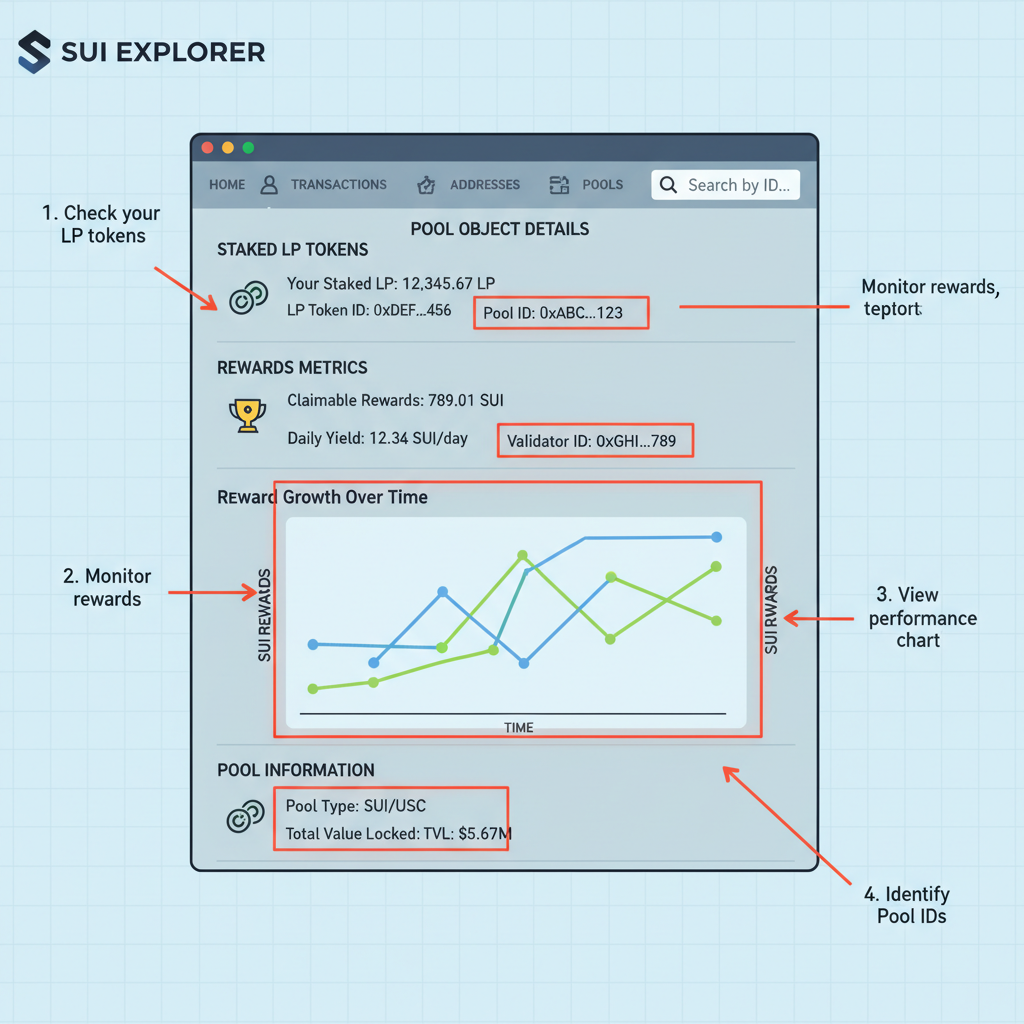 Sui Explorer page showing pool object details, staked LP tokens, rewards metrics, charts and IDs highlighted