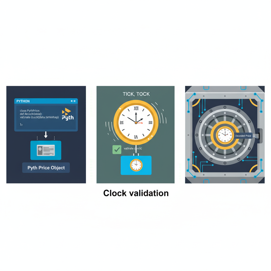 Move code decoding Pyth price object with Clock validation, clock icon ticking, secure vault theme