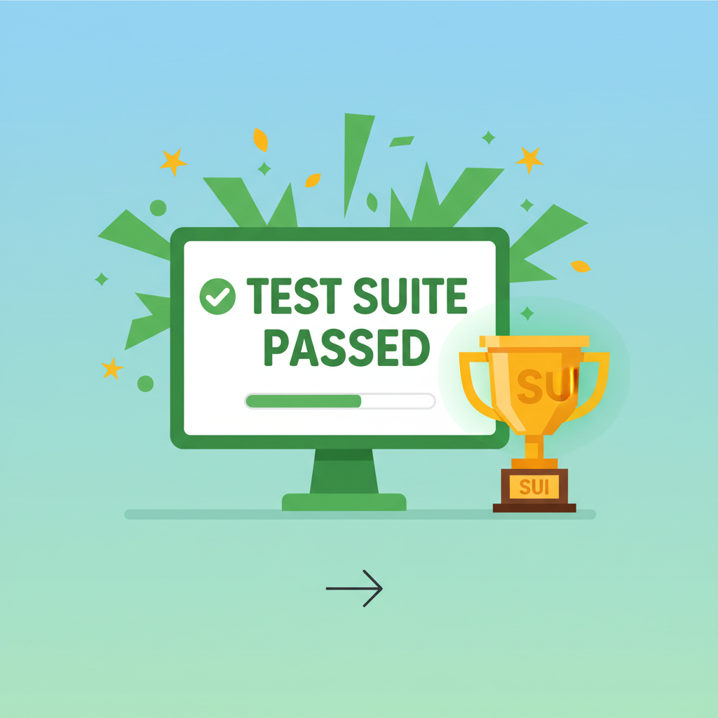 test suite passing with green explosions and Sui blockchain victory trophy