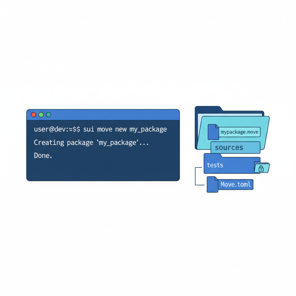 Command line creating new Sui Move package, folder structure emerging, blue tones