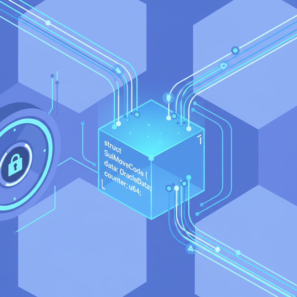 Futuristic Sui Move code struct glowing blue, oracle data streams, blockchain vault background