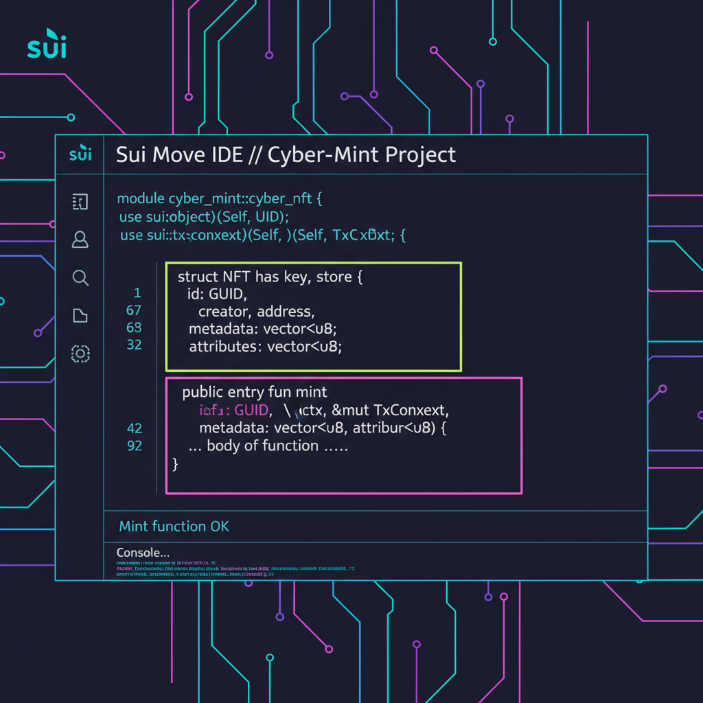 Sui Move code editor screen with NFT struct and mint function highlighted, futuristic cyberpunk style
