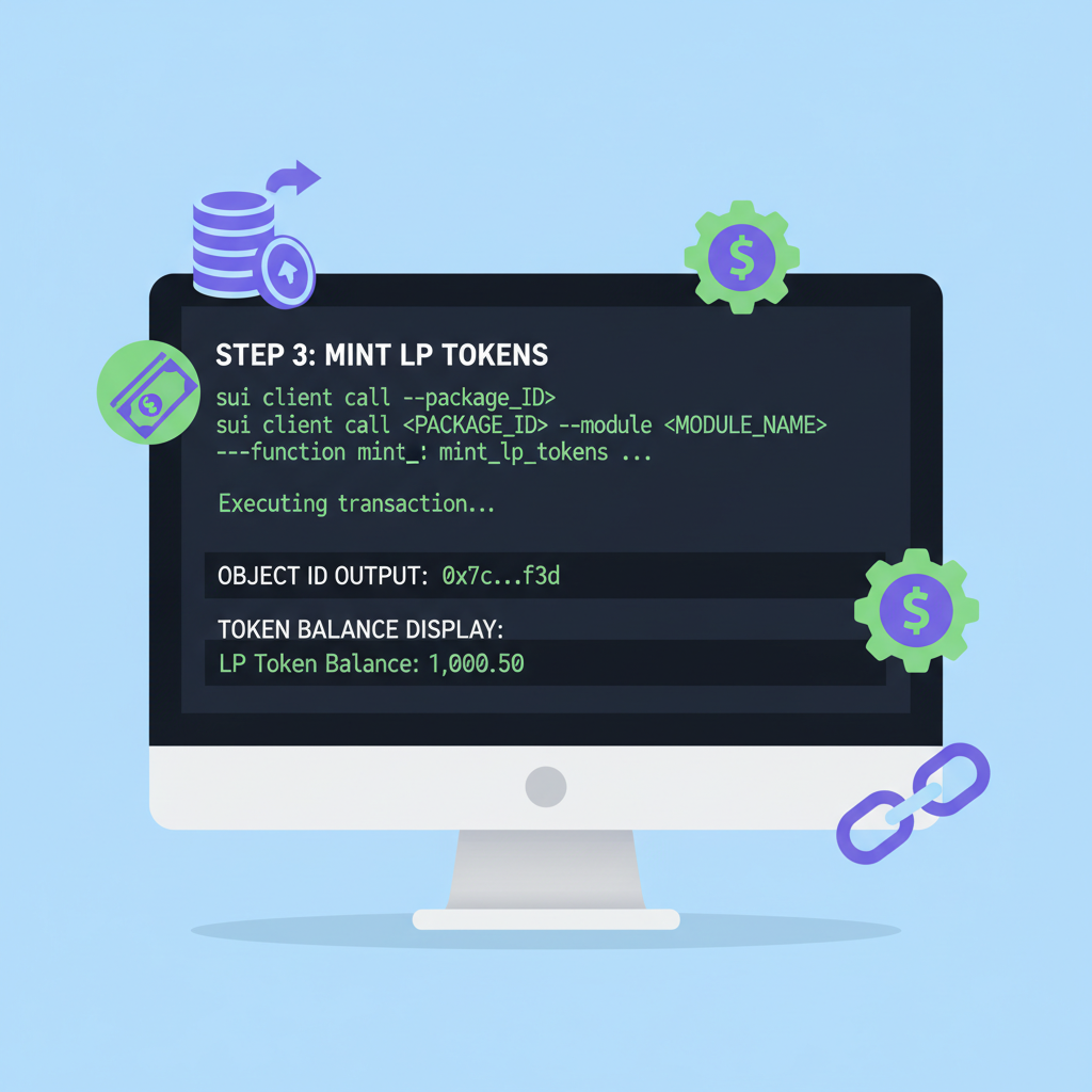 terminal minting LP tokens on Sui testnet, object ID output, token balance display, DeFi icons