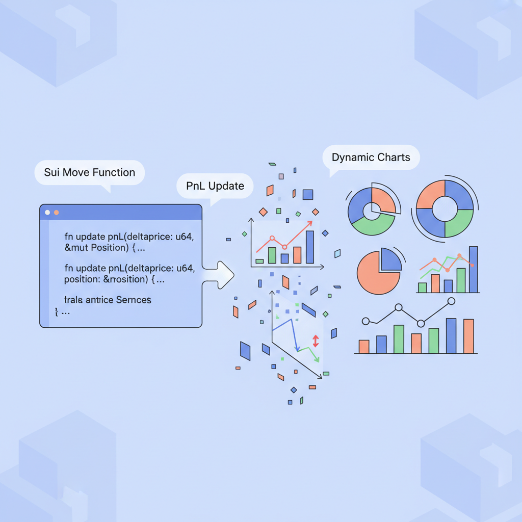 Sui Move function code executing PnL update, price delta graphs exploding, dynamic charts