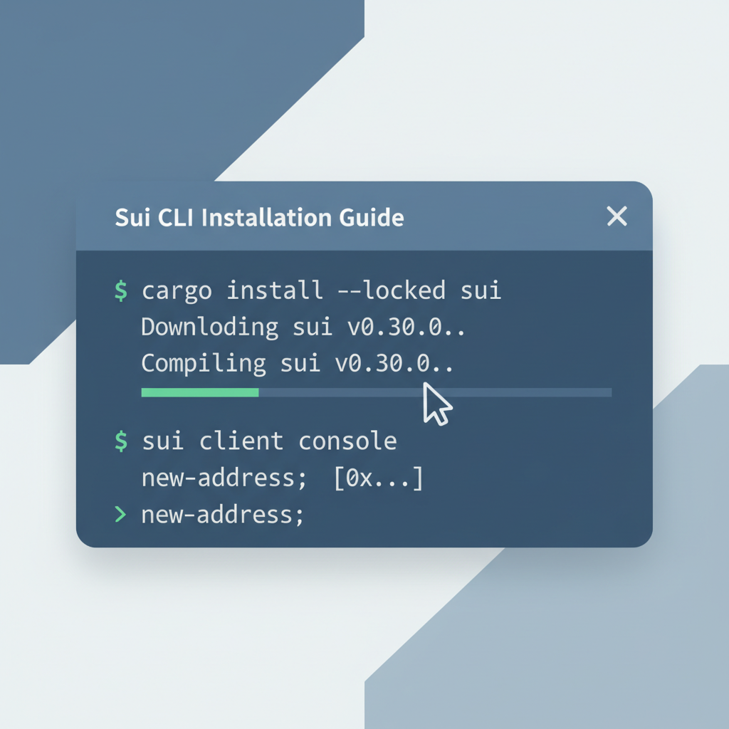 Developer terminal with Sui CLI installation, clean modern interface, code snippets visible