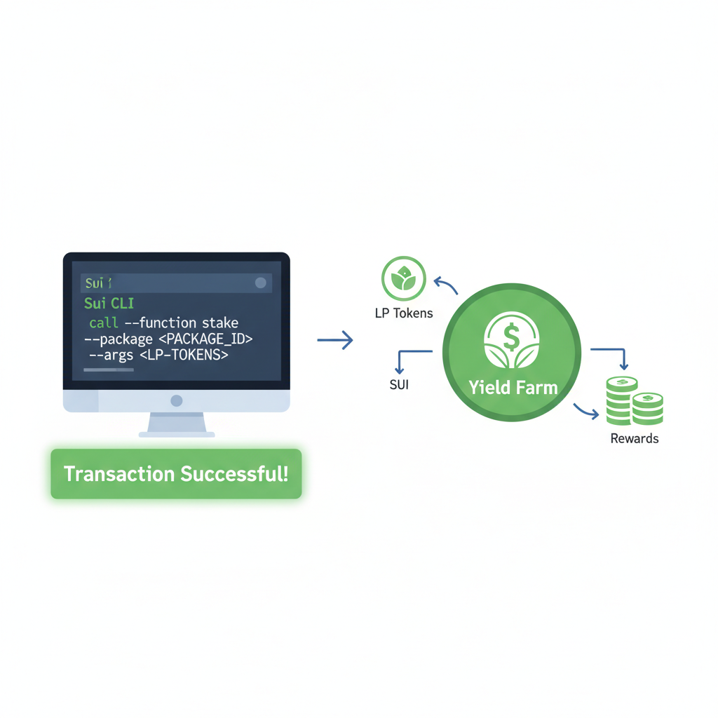Sui CLI calling stake function, args with package ID and LP tokens, green transaction success, yield farming diagram