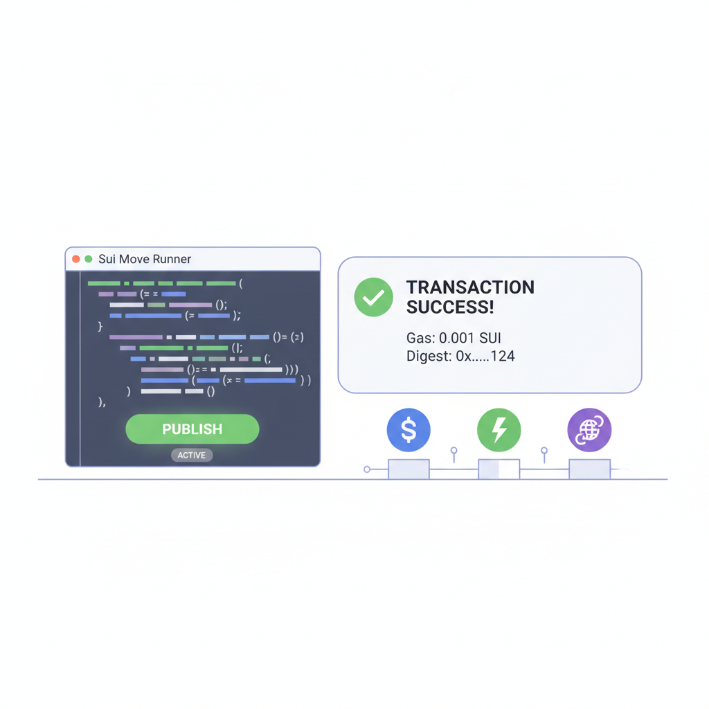 Sui Move Runner publish button active, success transaction notification, testnet blockchain icons